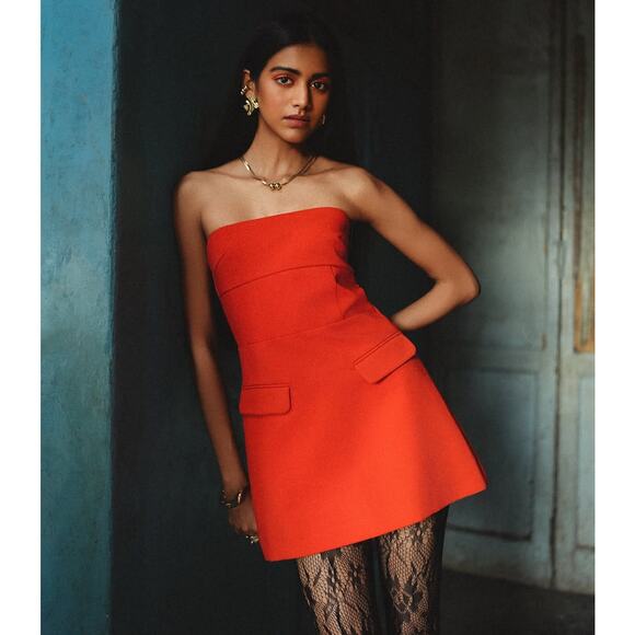 ZARA Strapless Fitted Mini Dress NWT | Red Orange | Size L - Picture 8 of 16